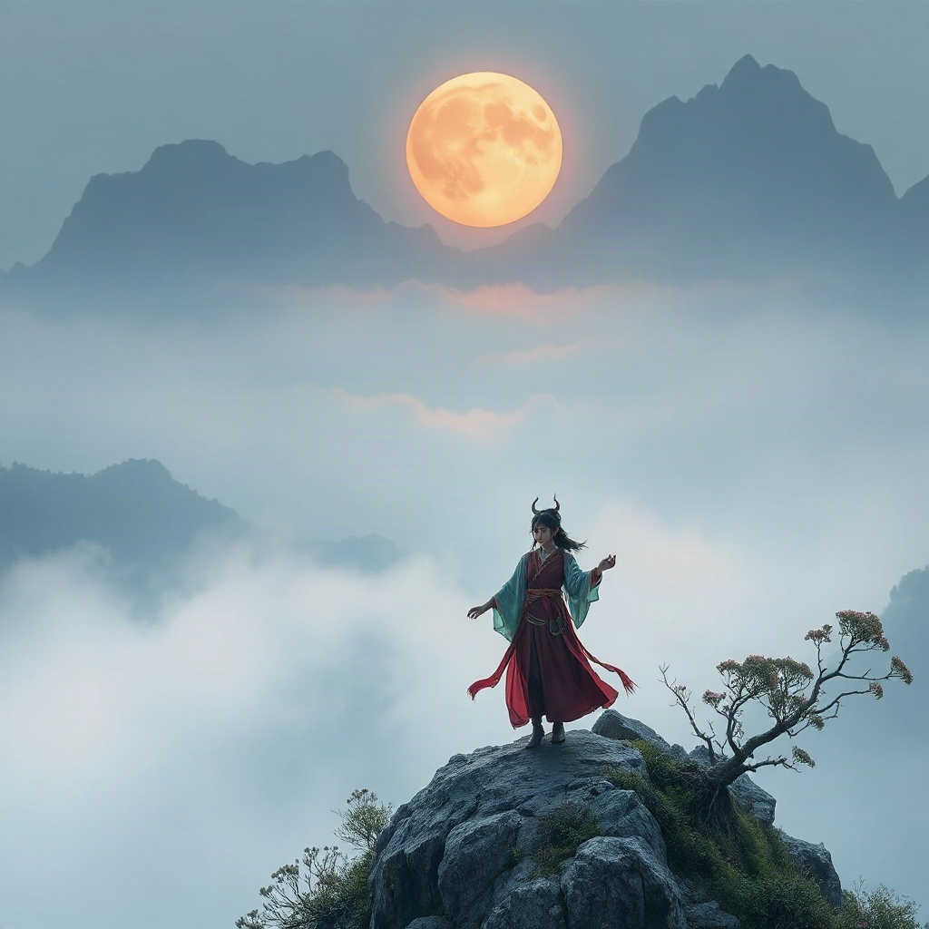 Mountain spirit guardian girl standing on a misty ridge in Shanhai Youling