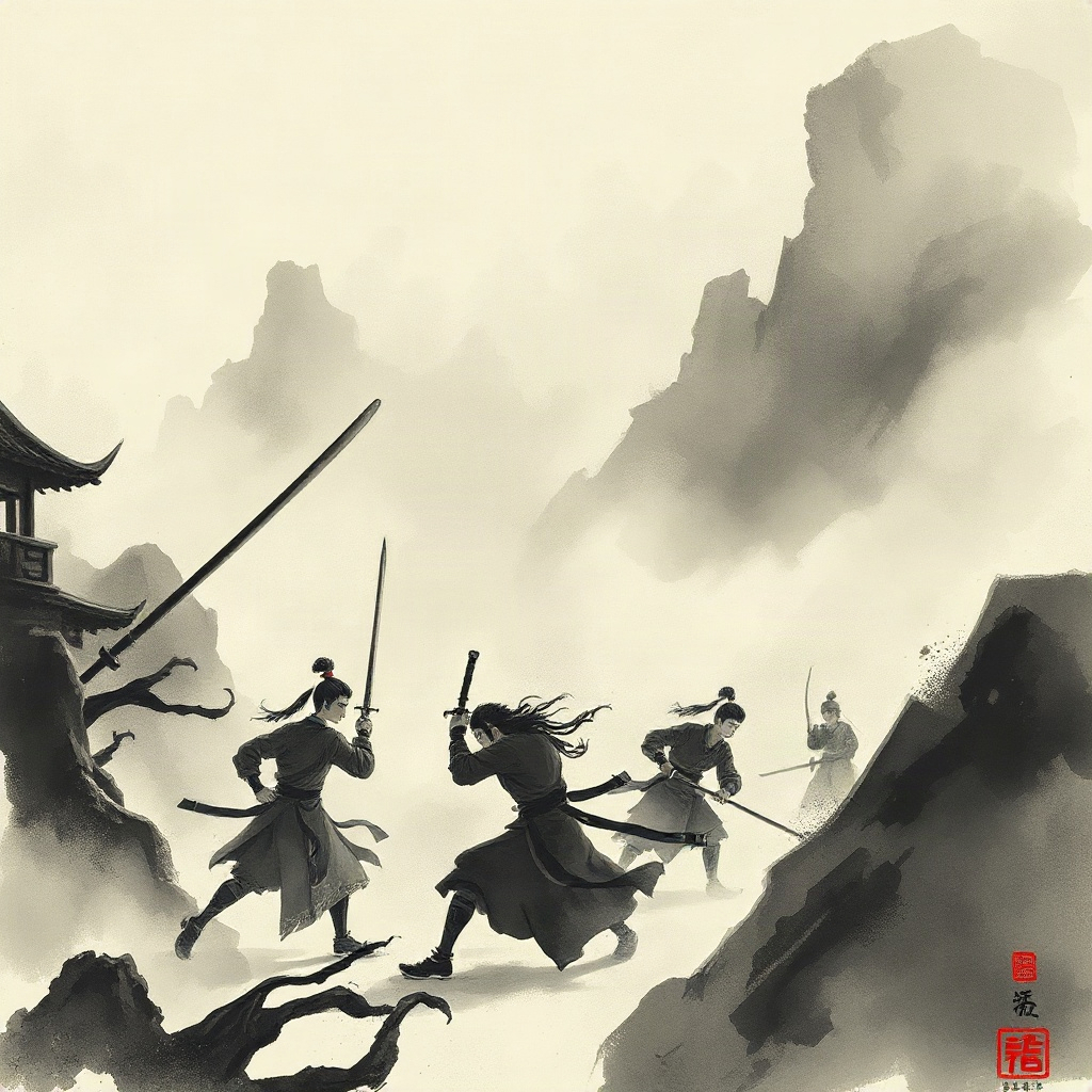 Ink wash swordsman scene from the wuxia ensemble animation Zhishang Jianghu